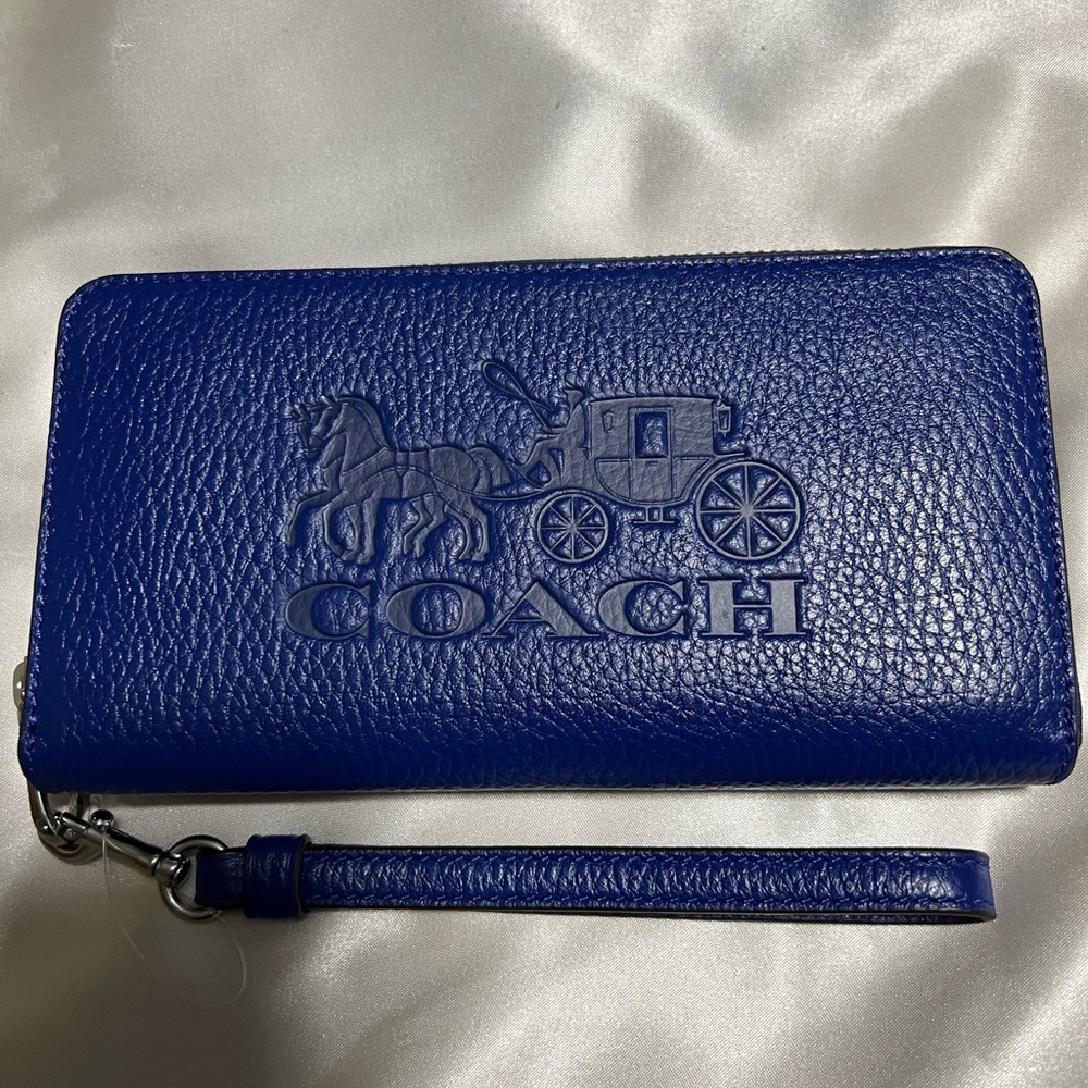 Coach Women's Long Zip Around Wallet, Pebbled Leather, Sport Blue NWT